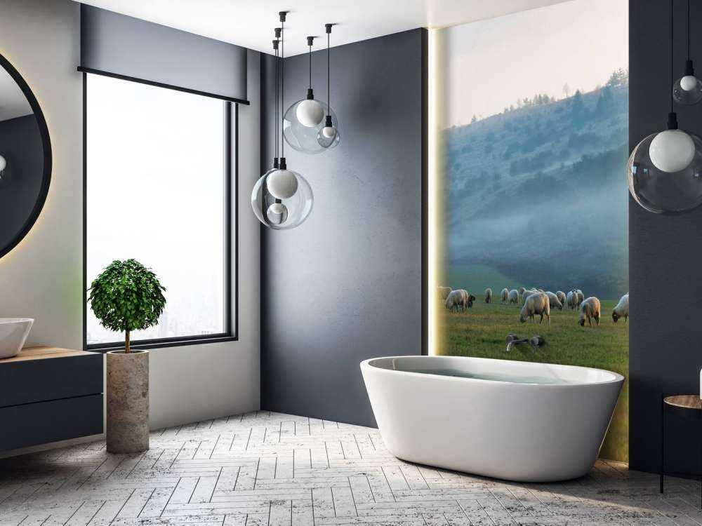 Fårflock i dimmigt landskap