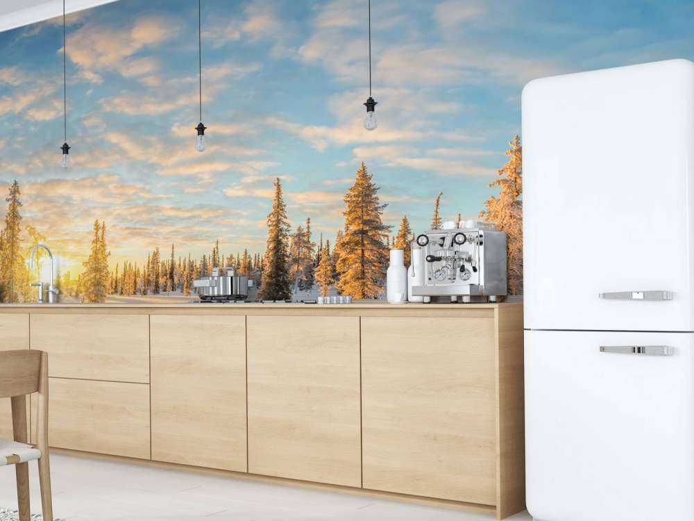 Sne landskab ved solnedgang