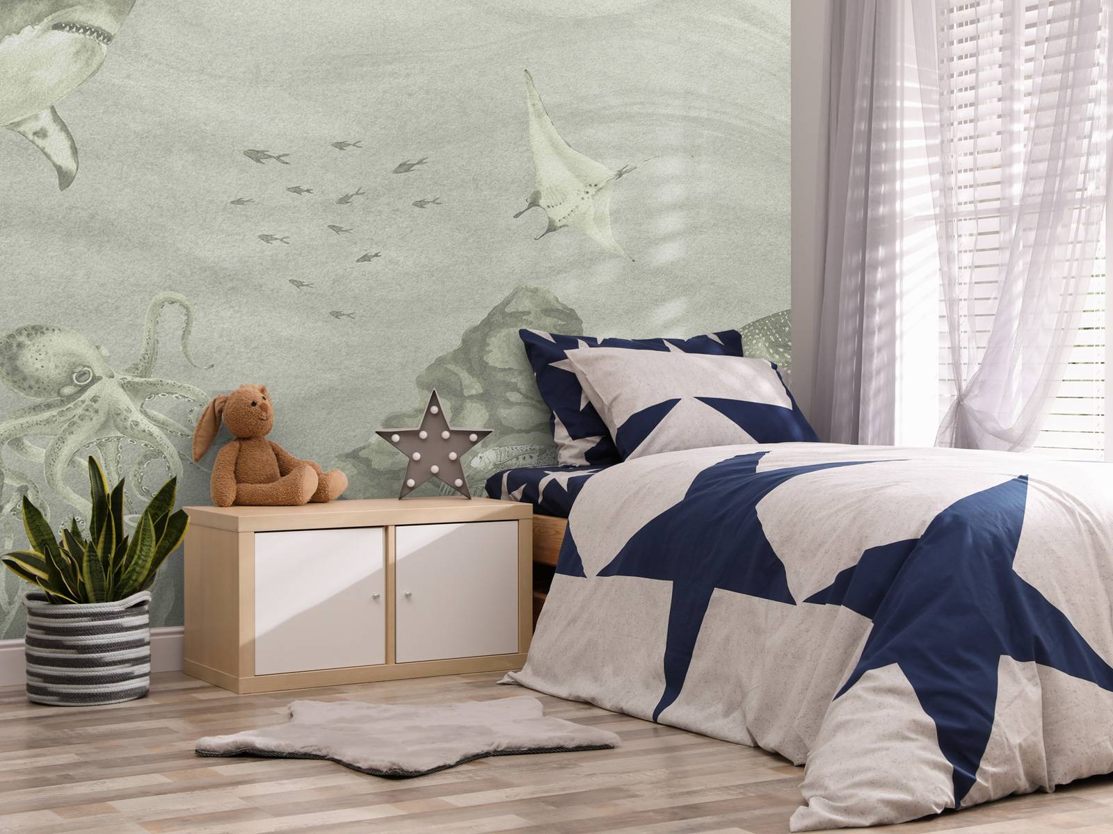 Undervandsverden med hajer i grønt - Fototapet, image size:1600x1200