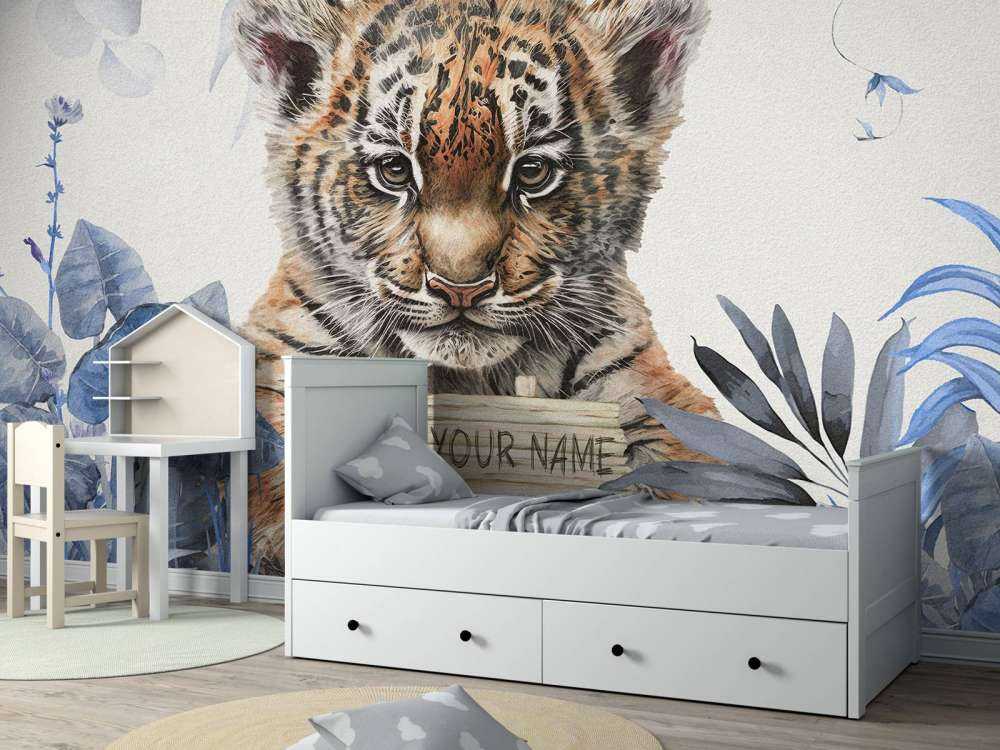 Sød tiger med planter blå