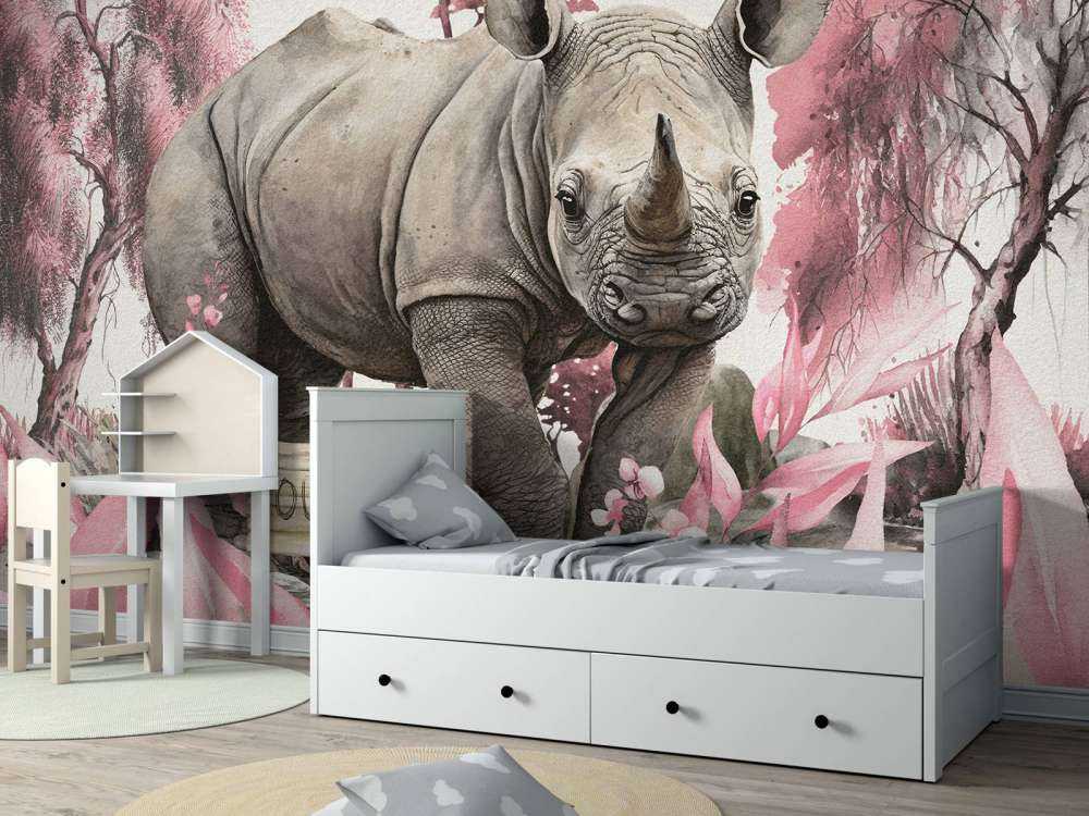 Baby-næsehorn på savannen lyserød