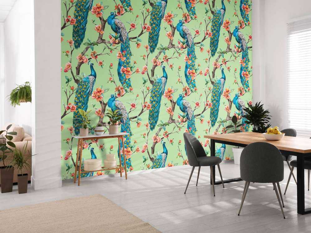 Påfugl med Hageblomster