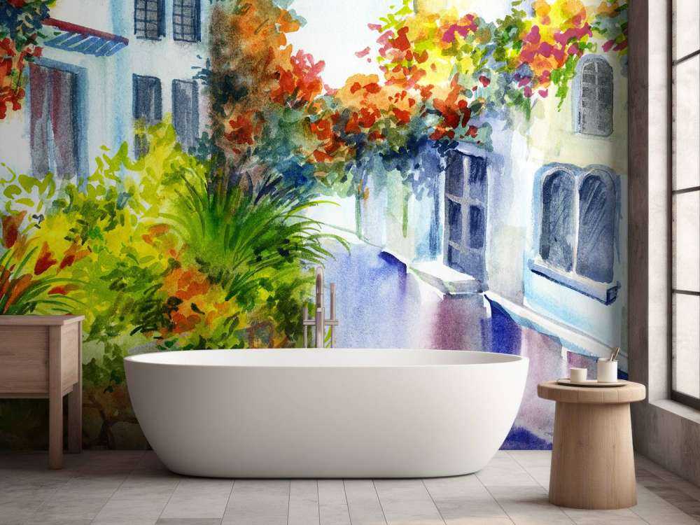 Akvarellblomster og bygninger