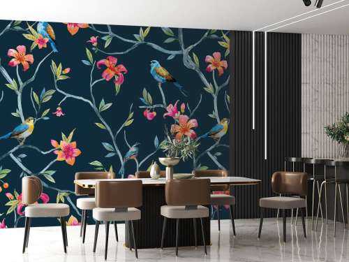 Tropiske blomster og fugler
