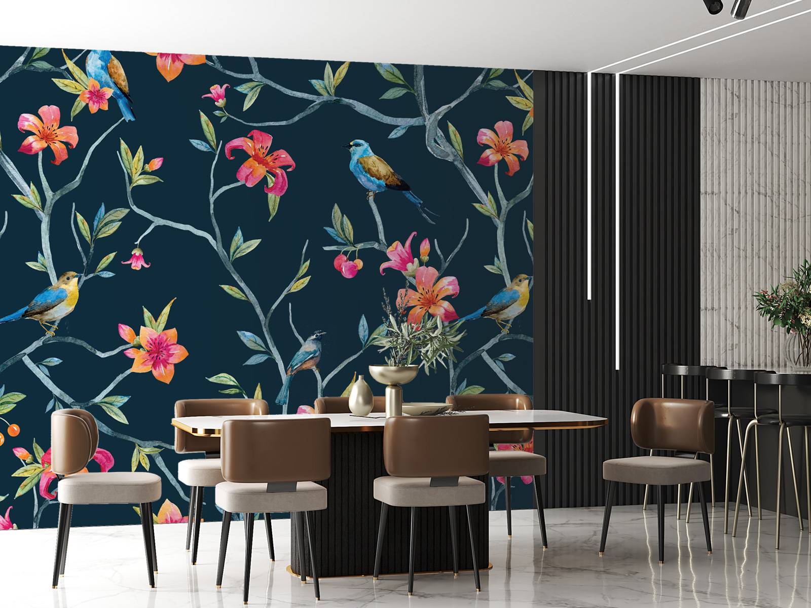 Tropiske blomster og fugler