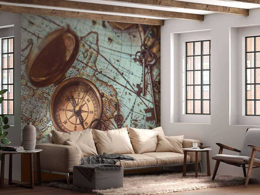 Vintage verdenskart med kompass