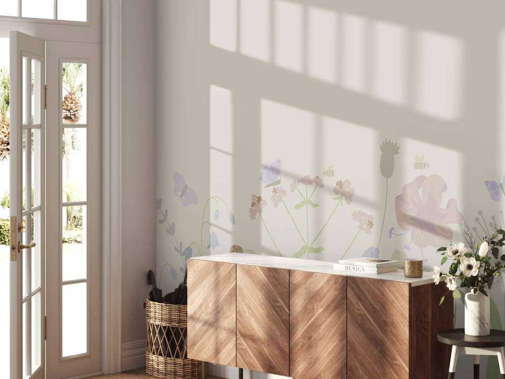 Blomsterfelt med sommerfugler beige, gammelrosa, grønn og lilla