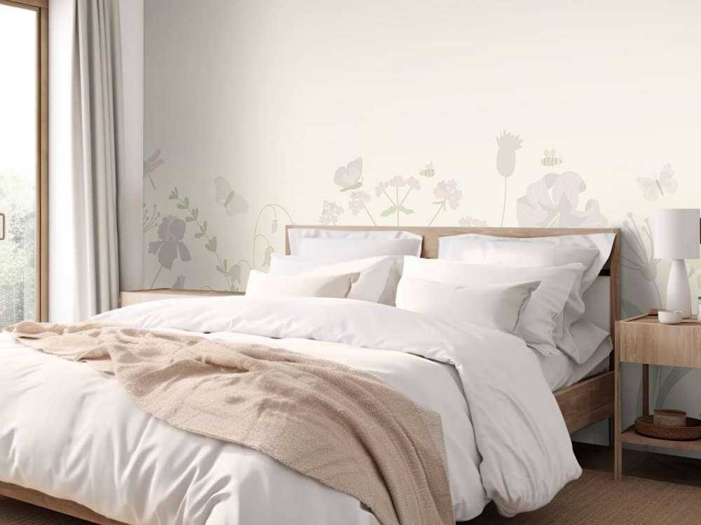 Blomsterfelt med sommerfugler i beige og gammelrosa