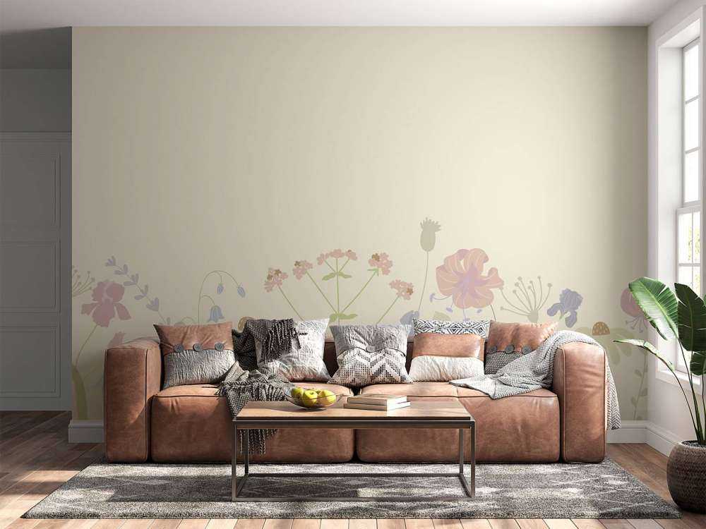 Blomsterfelt med sommerfugler i beige, gammelrosa, grønt og lilla
