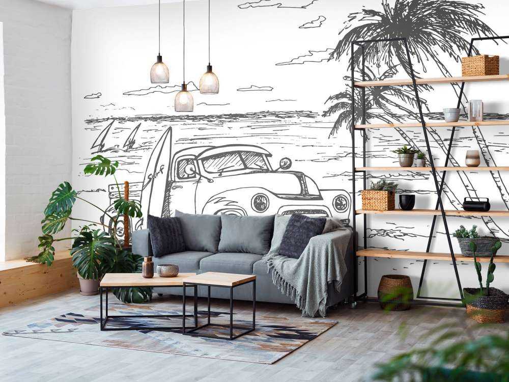 Strand tegnet i sort og hvidt