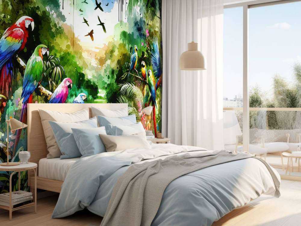 Watercolor Tropical Birds In The Jungle