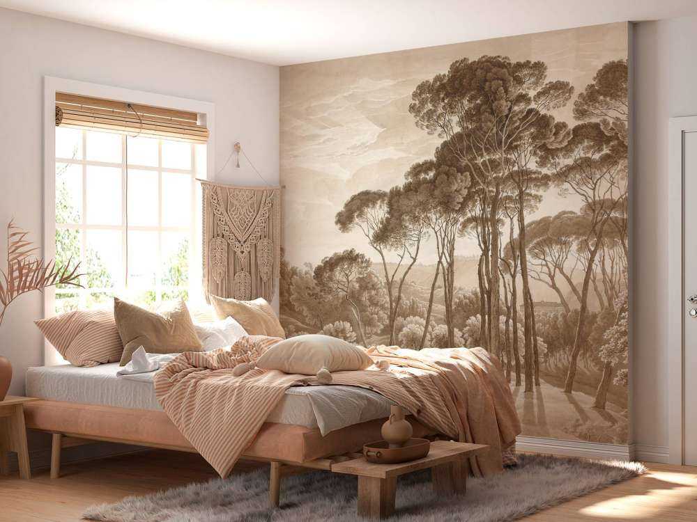 Skogslandskap nära Rom med nedåtgående sol