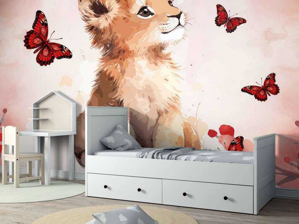 Drömmerige lejonunge och fjärilar