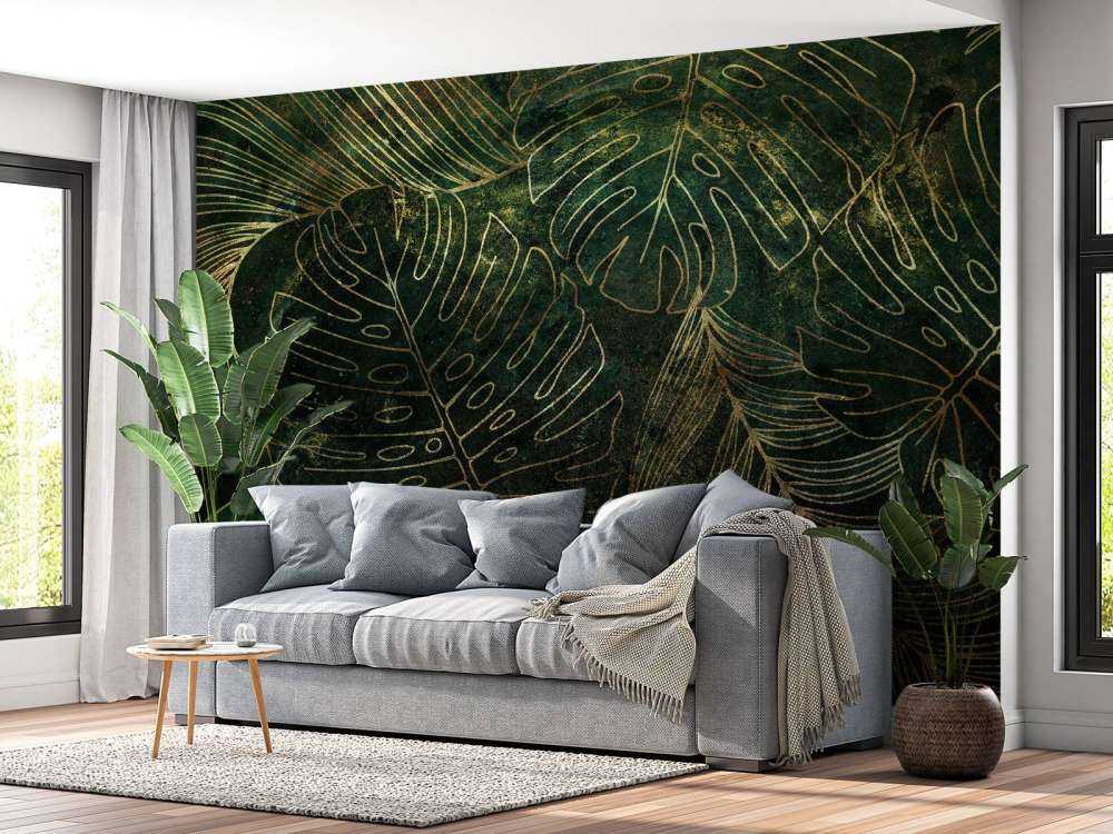 Grön textur med gyllene blad