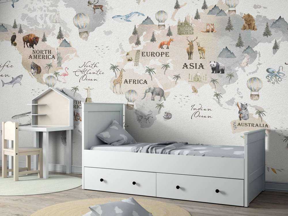 Världskarta med olika djur