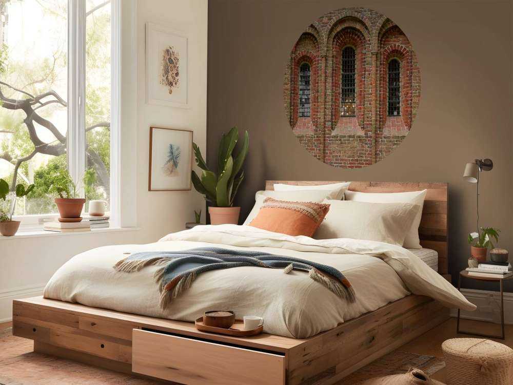 Mur av tegel med valv och fönster