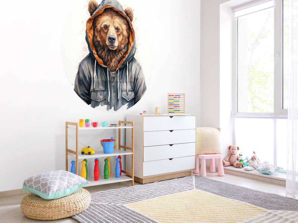 Akvarell tecknad grizzlybjörn i en huvtröja