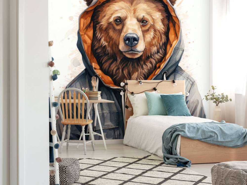 Akvarell tecknad grizzlybjörn i en huvtröja