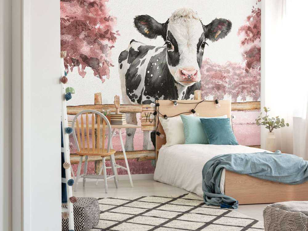 Ung ko på en äng rosa