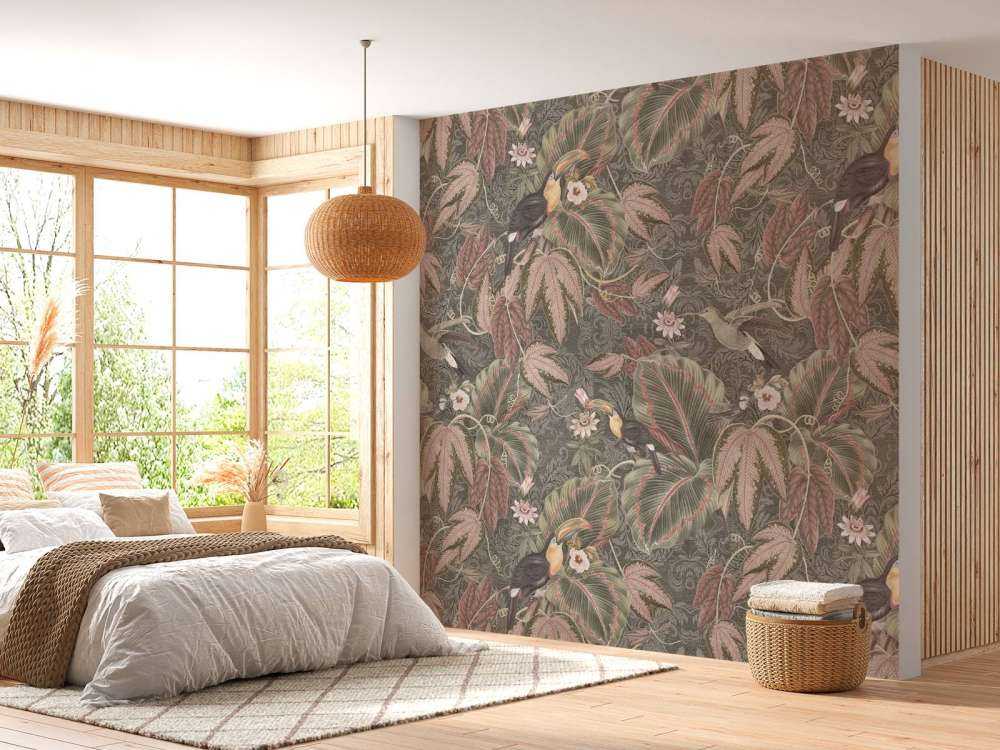 Tropiska djungelns fåglar & tukaner - vintage grön