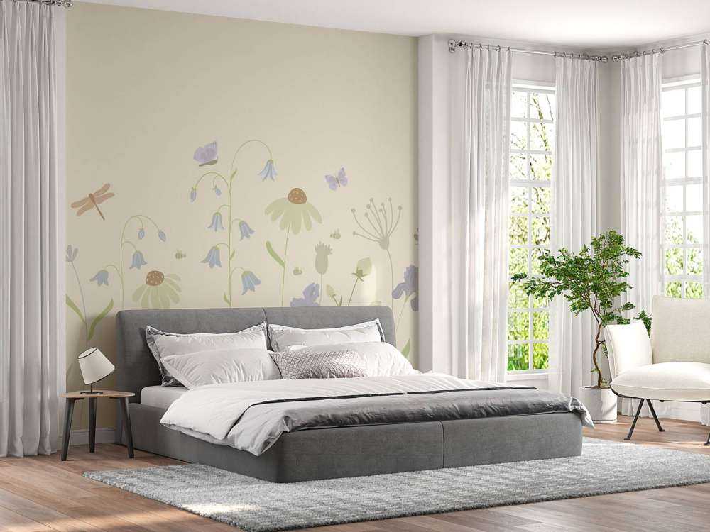 Blomsterfält med fjärilar sand, gammalrosa, grön och lila