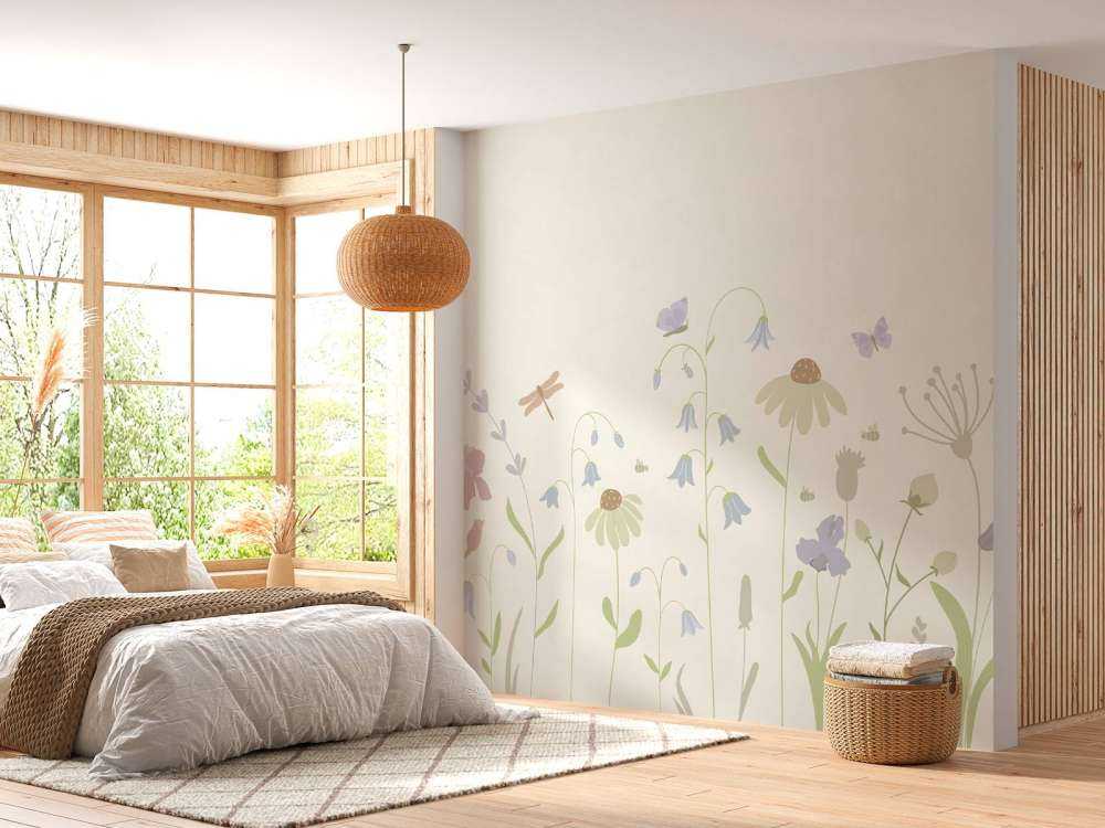 Blomsterfält högt med fjärilar beige, gammelrosa, grön och syren