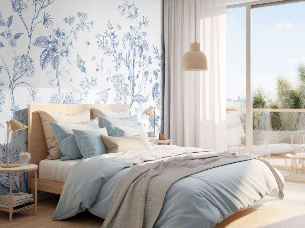 Blomsterillustration, blå og hvid