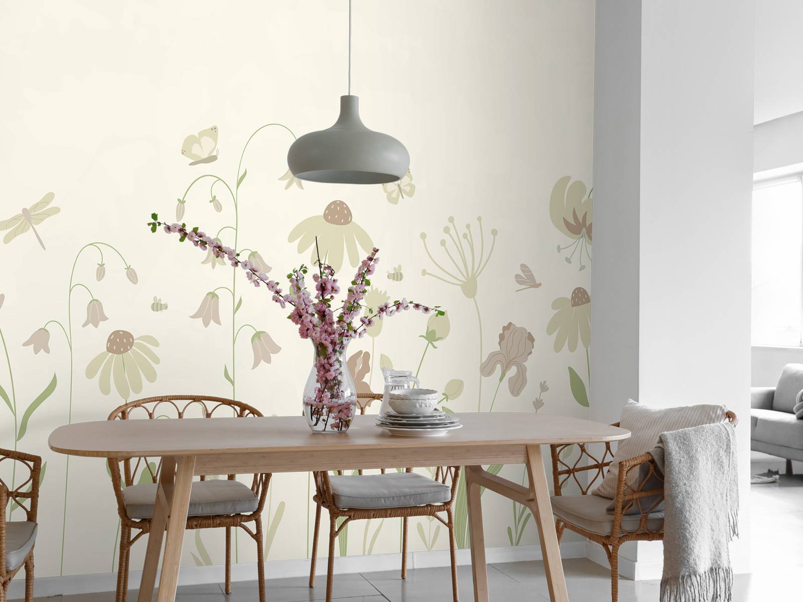 Blomstermark høj med sommerfugle beige og gammelrosa