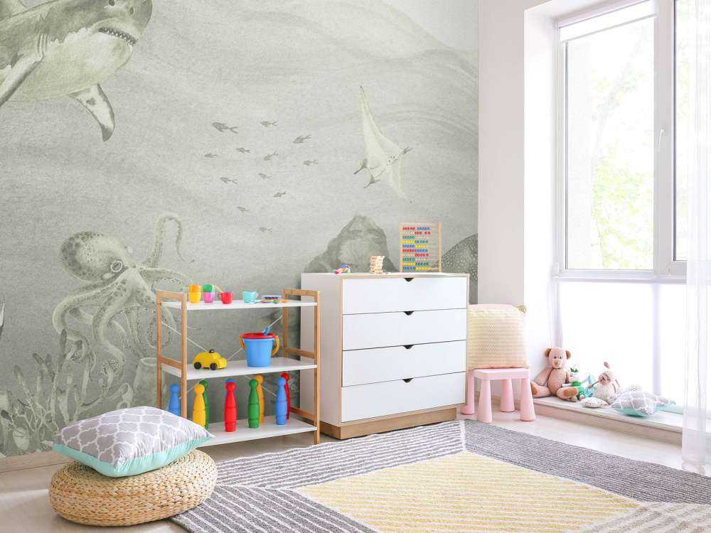 Undervandsverden med hajer i grønt