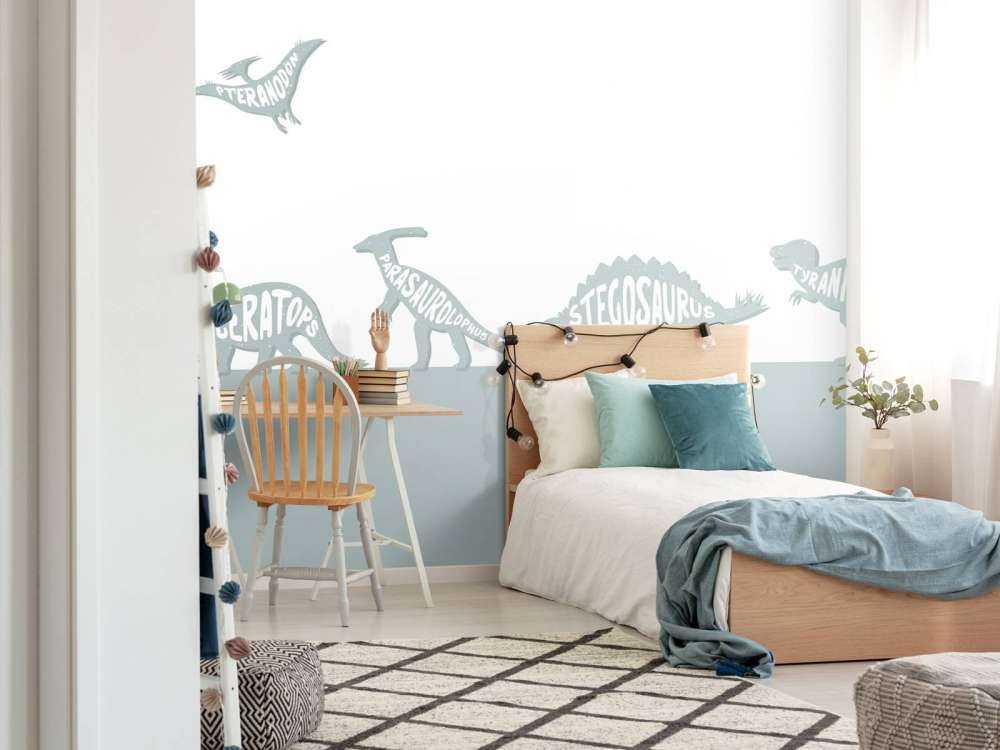 Dinos med tekst i blått