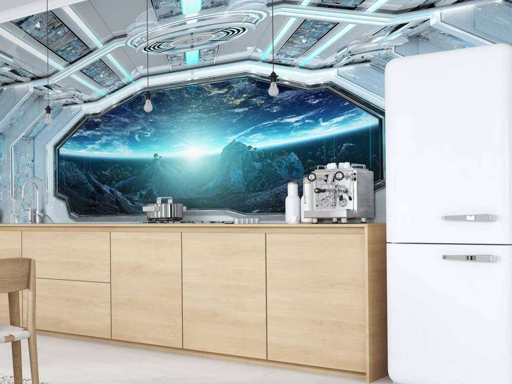 Rymdskepp med utsikt över en planet