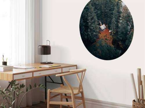 Stuga omgiven av skog och sjöar