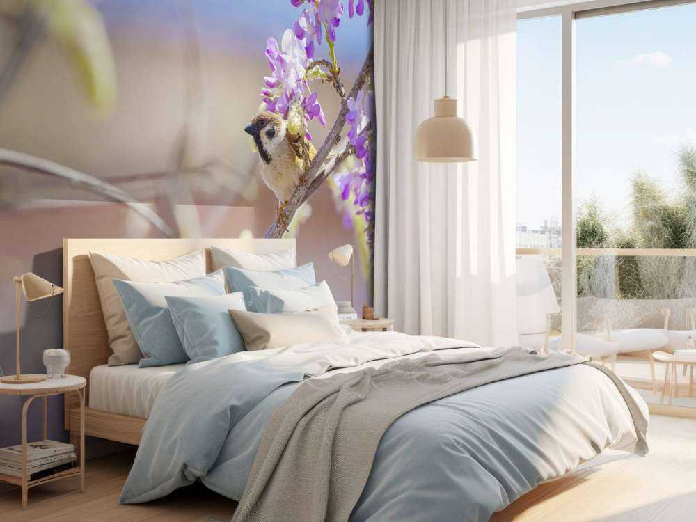 Mus og lilla blomster