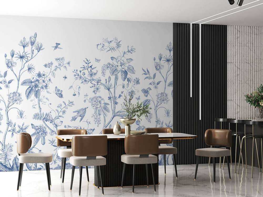 Blomsterillustration, blå og hvid