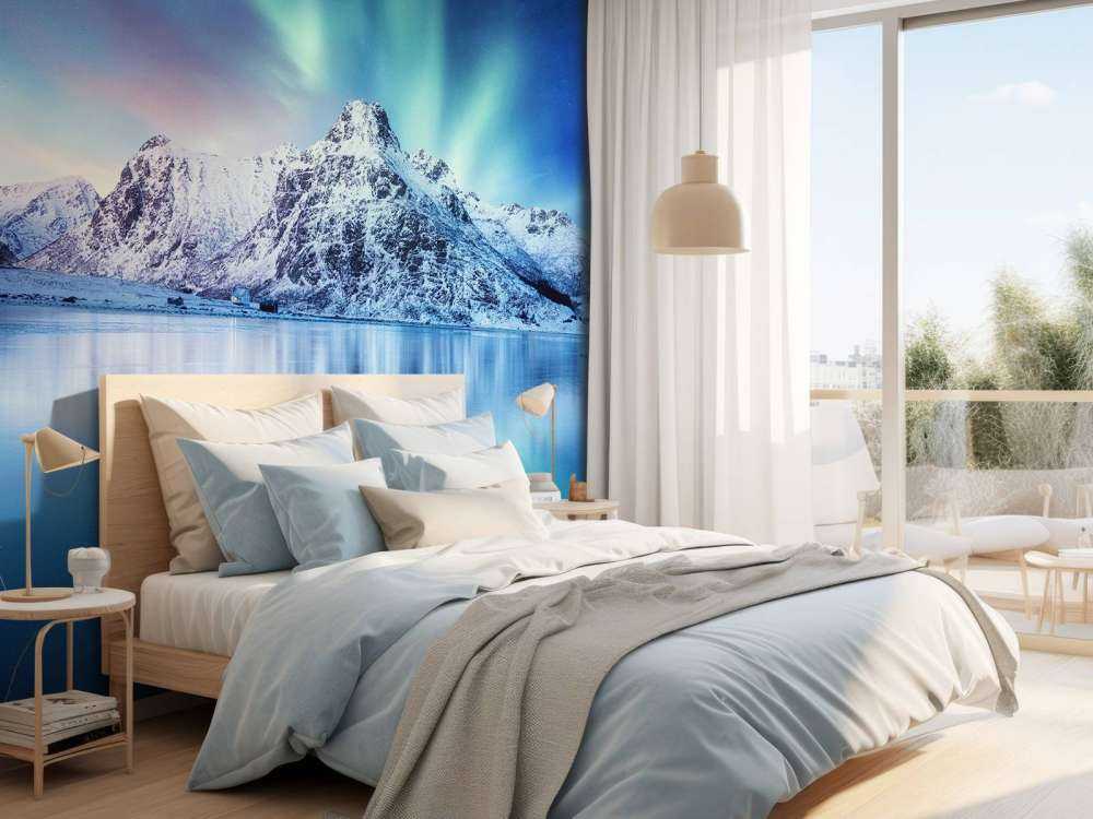 Nordljus över ett djupfryst hav och berg