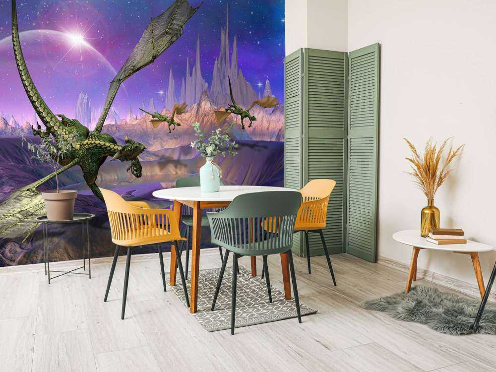 Drakar i ett fantasilandskap