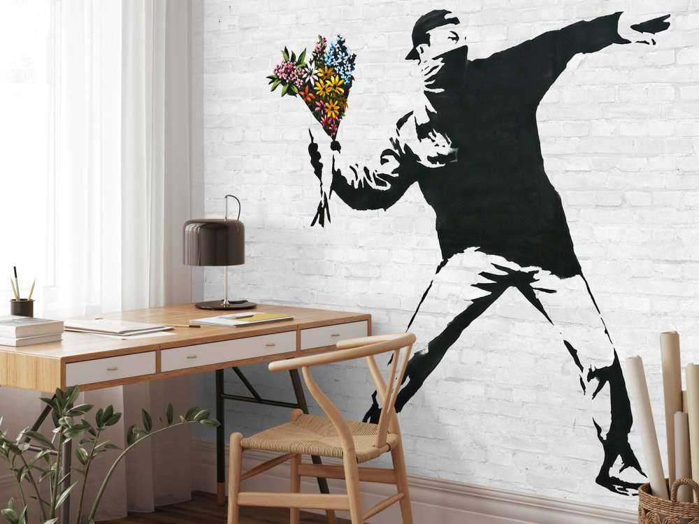 Banksy - Flower thrower, white bricks