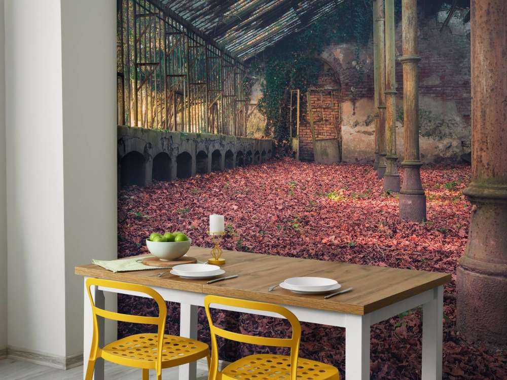 Forladt hus med blade