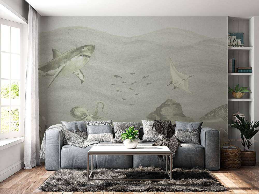 Undervandsverden med hajer i grønt