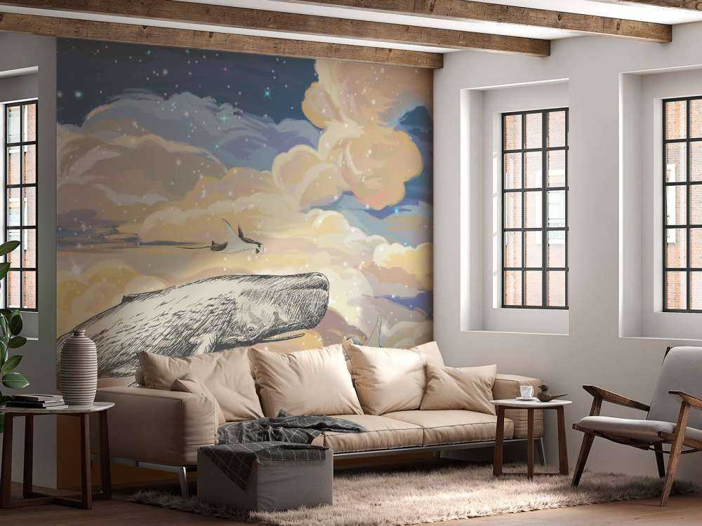 Hval svømmer gjennom skyene