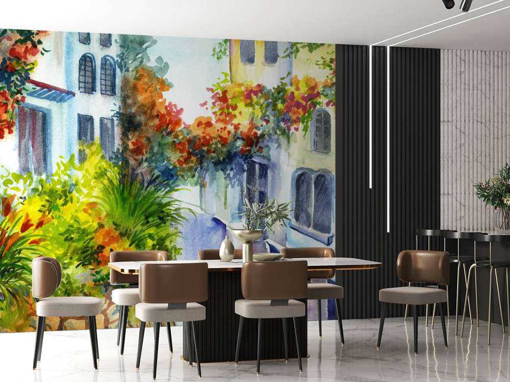 Akvarellblomster og bygninger