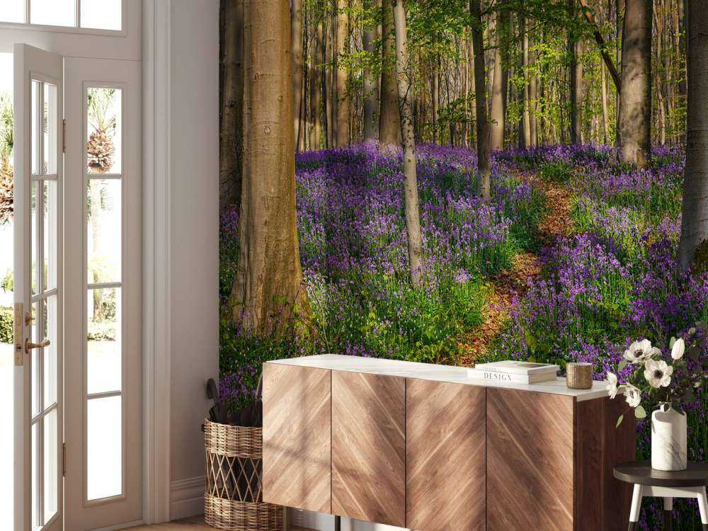 Sti gennem en skov med hyacinter