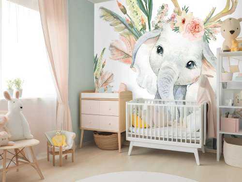 Babyelefant med lyserøde blomster