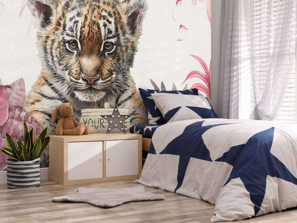 Söt tiger med växter rosa