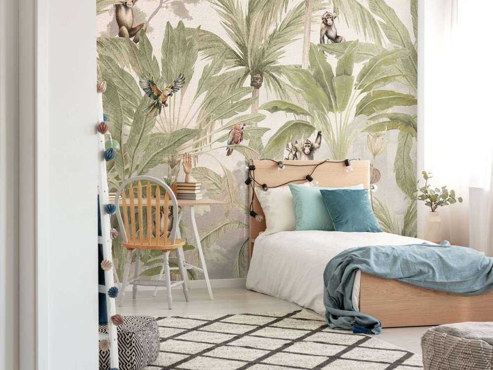 Djungel med apor och papegojor