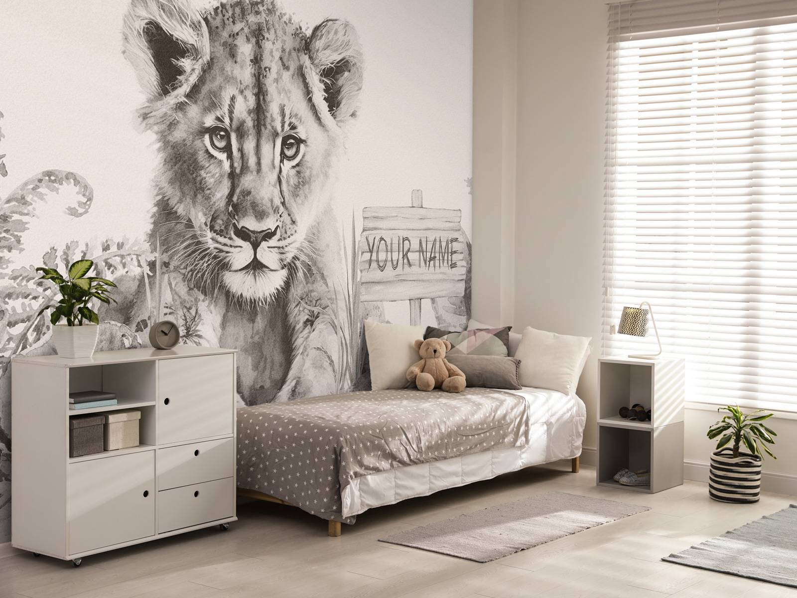 Fotobehang - Løveunge i jungelen beige - Tapet.com, image size:1600x1200