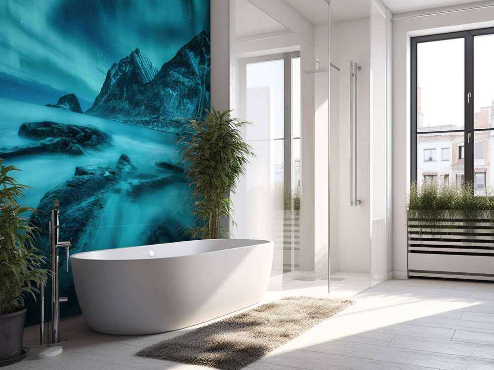 Blå nordlys med fjell