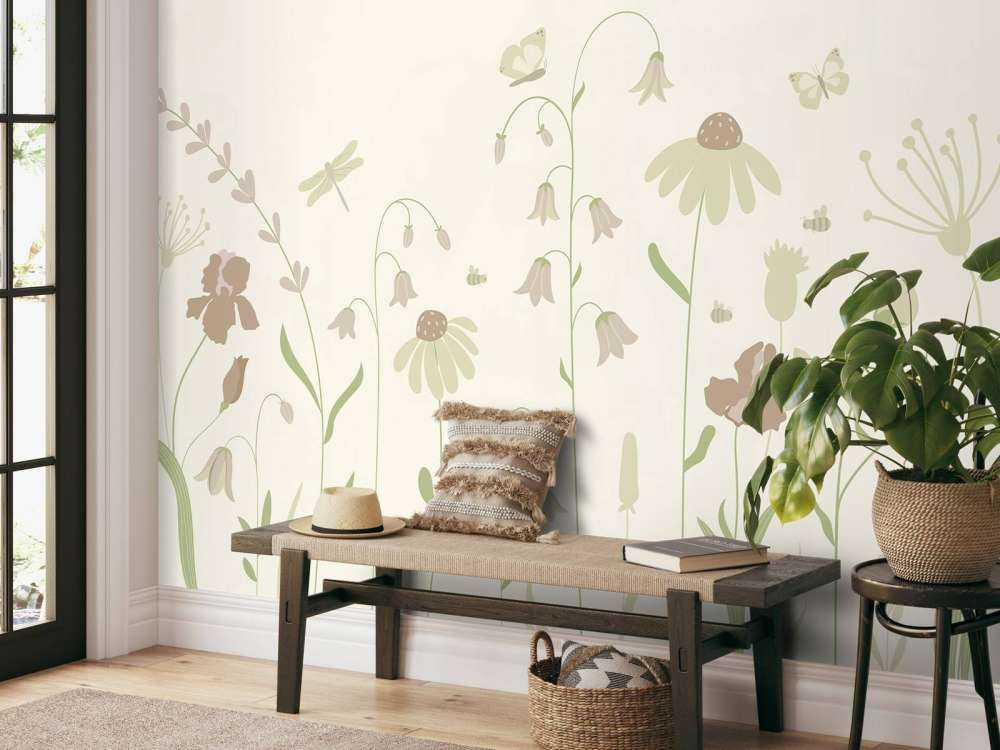 Blomsterfält högt med fjärilar beige och gammelrosa