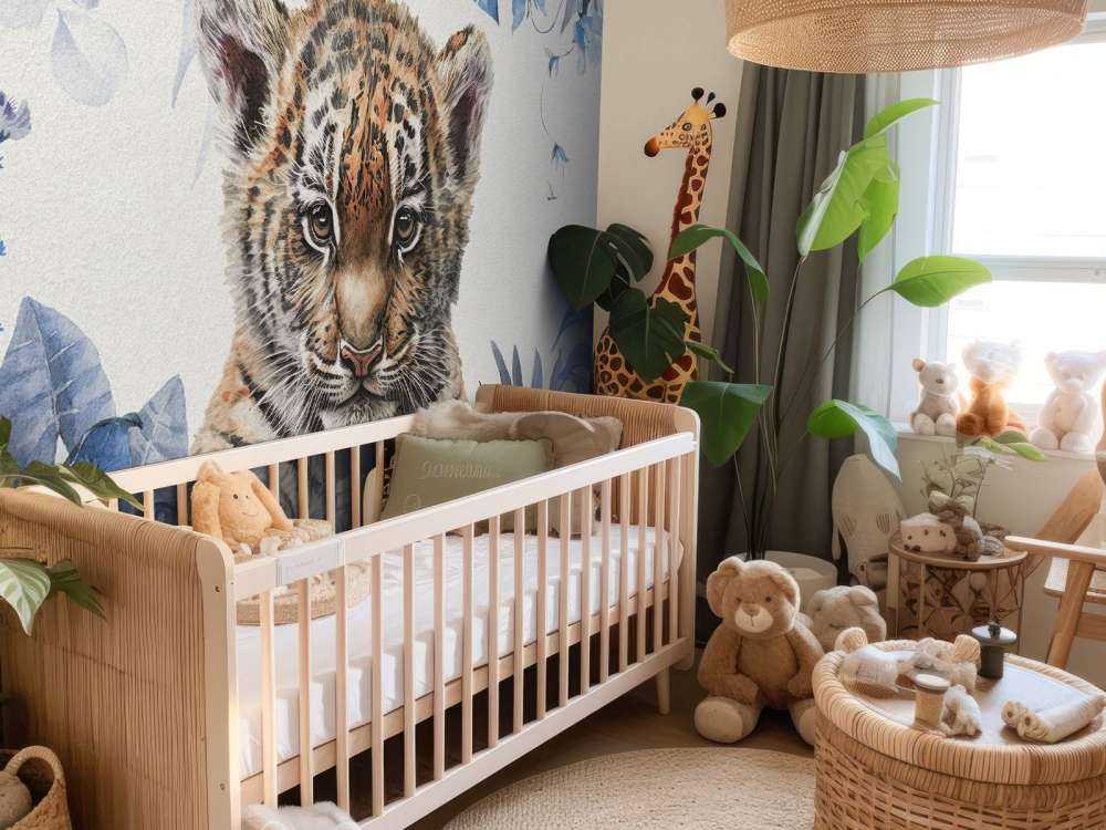 Söt tiger med växter blå