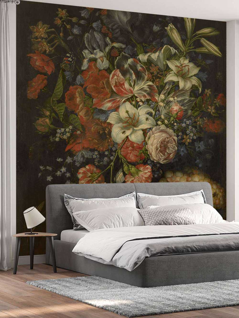 stilleben med blommor och frukter